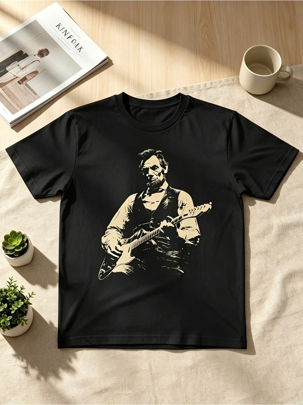 Black Short-Sleeve Men's Graphic Tee with Cream Guitarist Print